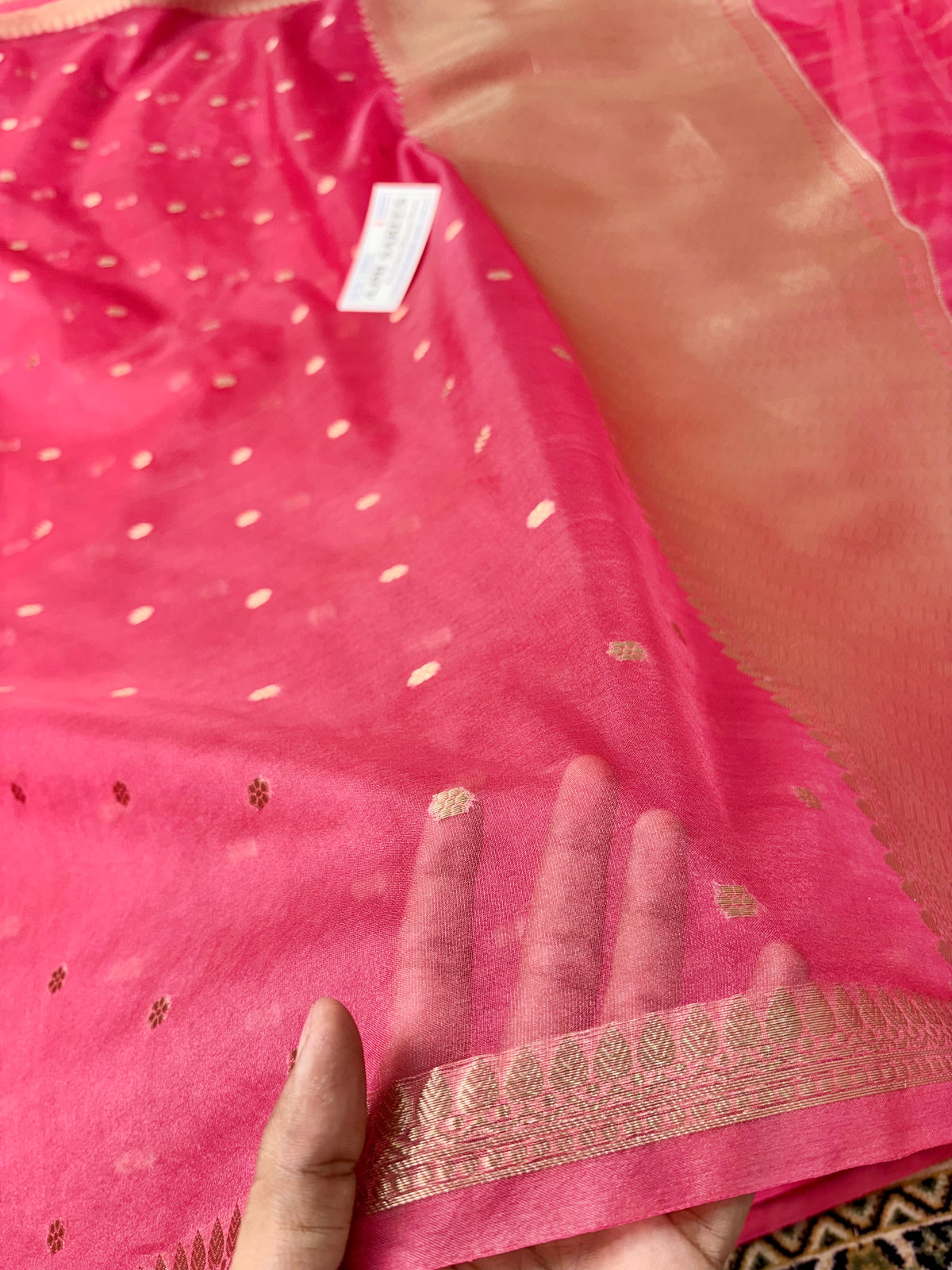 Strawberry Kora Silk Banarasi Saree with All-Over Motifs & Striped Blouse Banarasi Saree