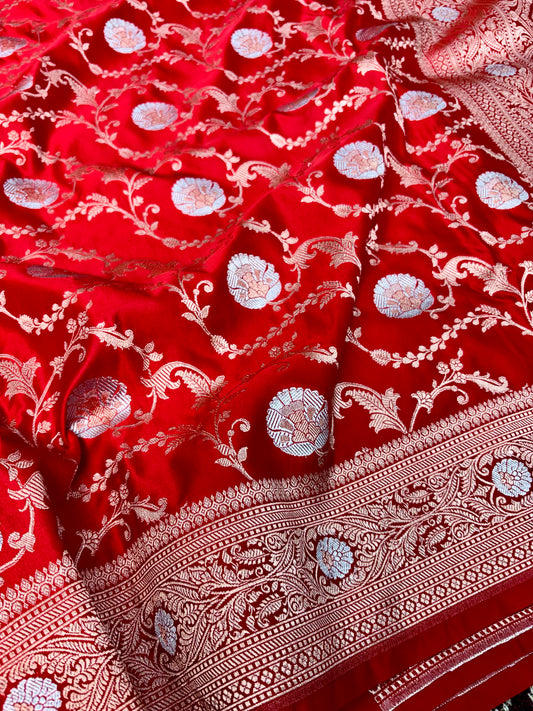 wedding wear red saree gold silver zari floral design
