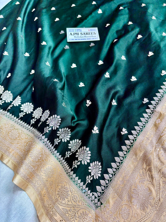 Luxury bottle green Katan Silk Banarasi saree