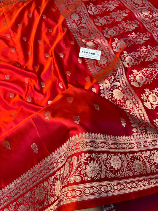 Red rani pink dual tone Banarasi silk saree with intricate zari motifs