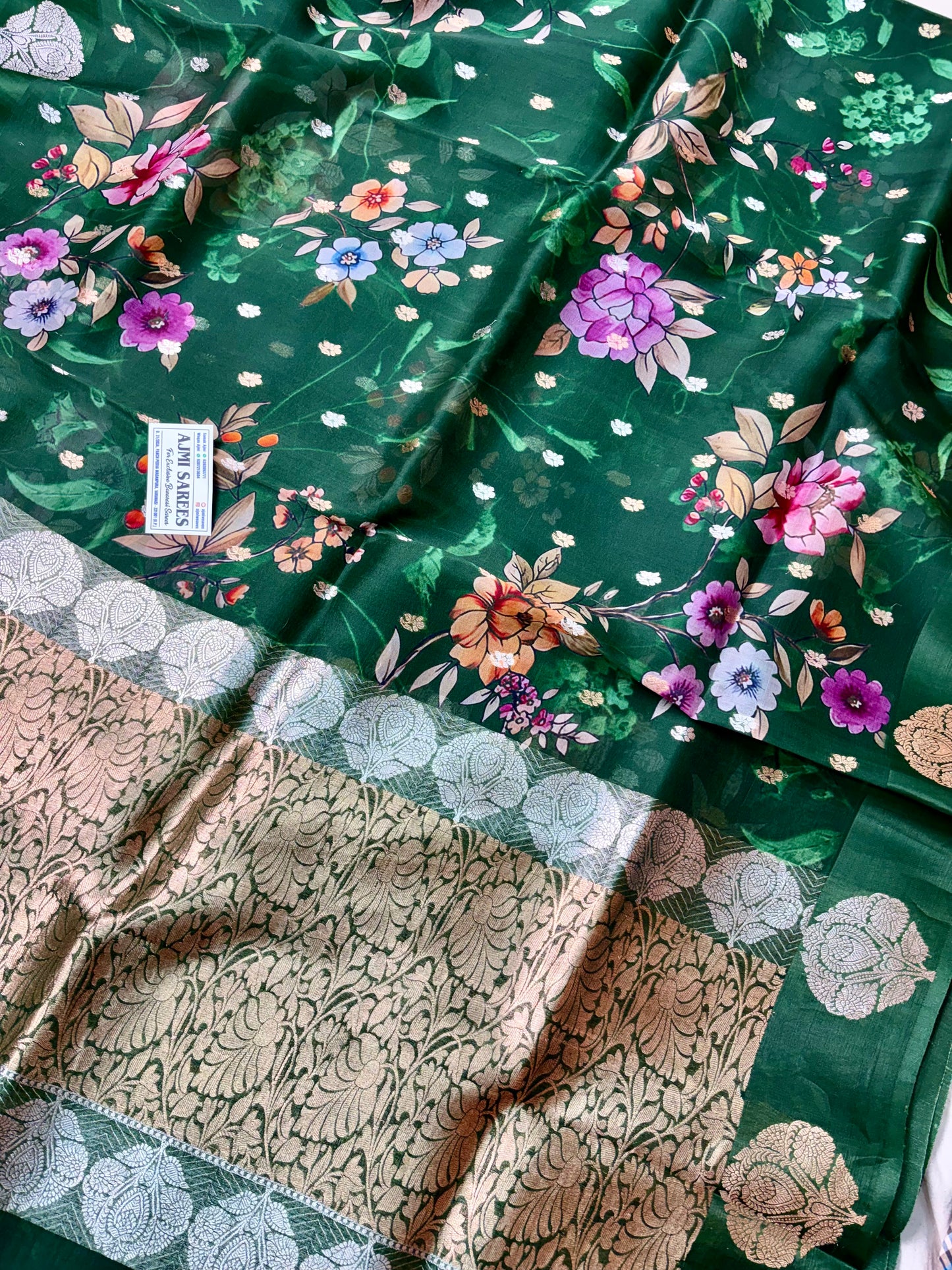 Green Pure Kora Silk Handloom Banarasi Saree | Sona Rupa Kadwa Motifs & Digital Floral Print Pure Kora Organza Silk