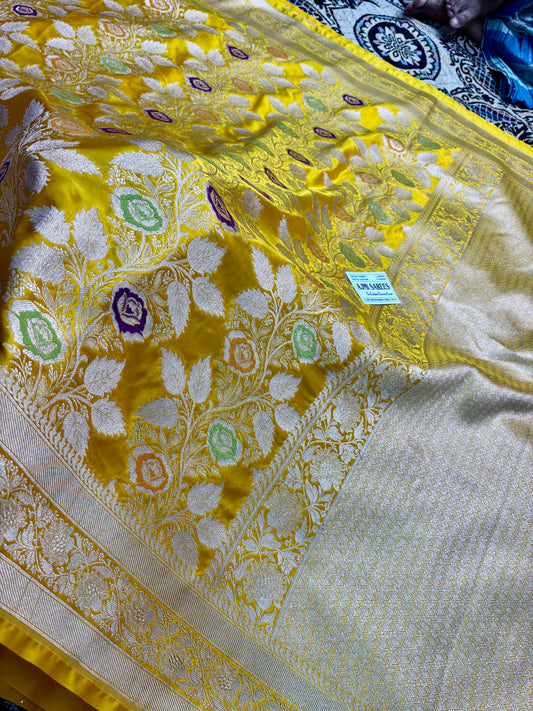 yellow banarasi saree meenakari floral design close up