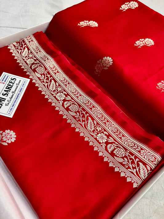 Luxury red Banarasi silk saree with golden zari border