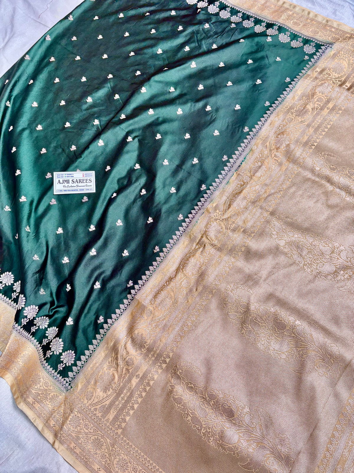 Bottle green and beige Banarasi silk saree draped look