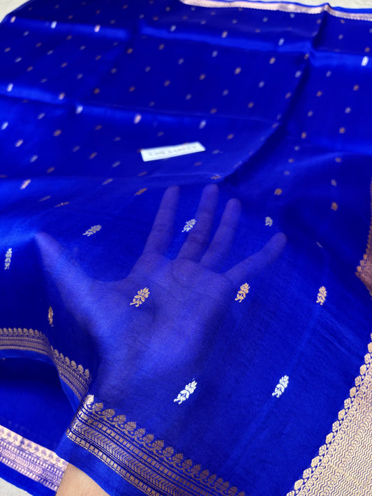 100% Pure Kora Silk Handloom Banarasi Saree – Royal Blue with All Over Kadwa Sona Rupa Motifs Pure Kora Organza Silk