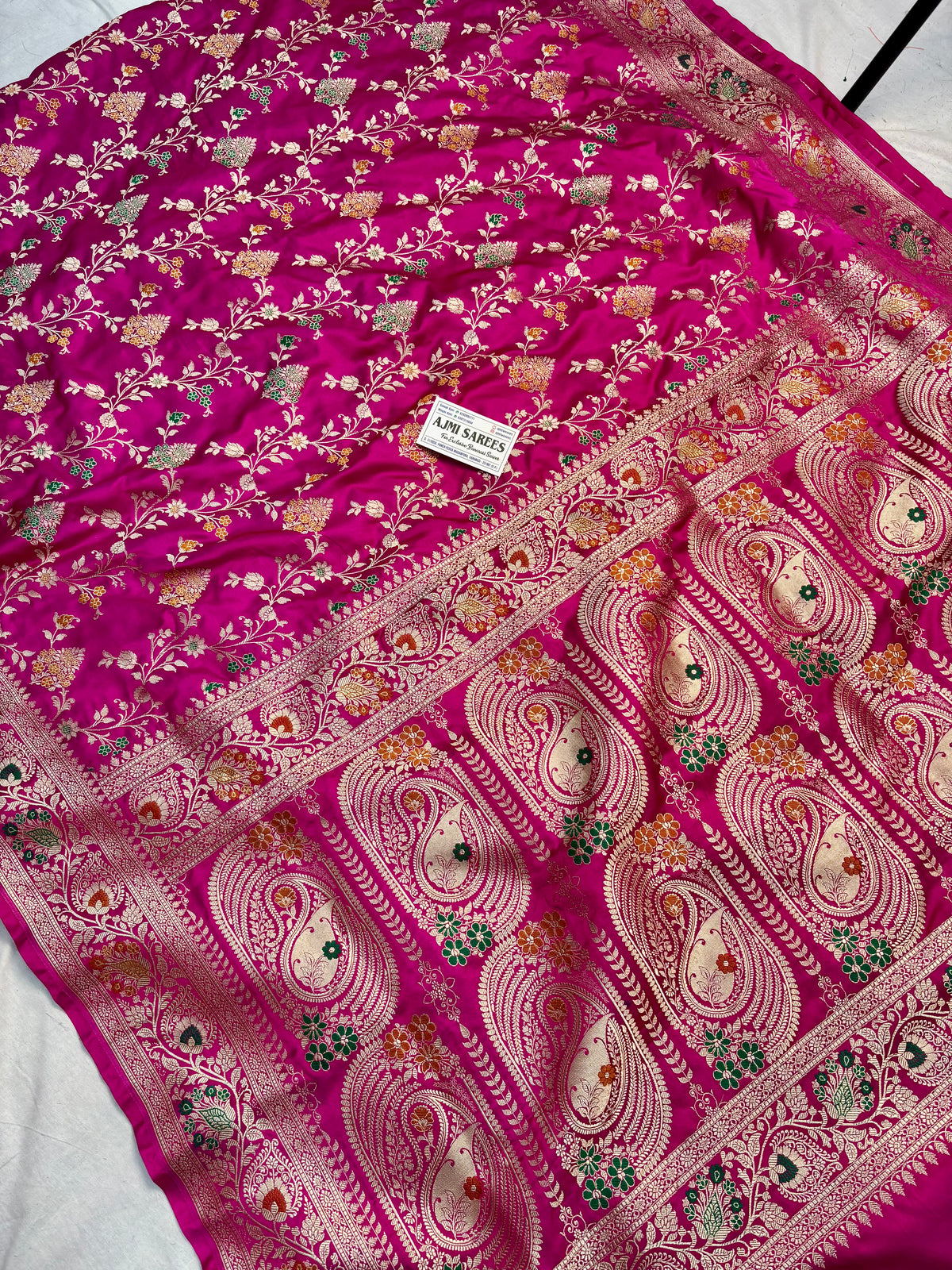 Navy Blue Mashru Katan Silk Banarasi Saree with Meenakari Border & Floral Jaal Work