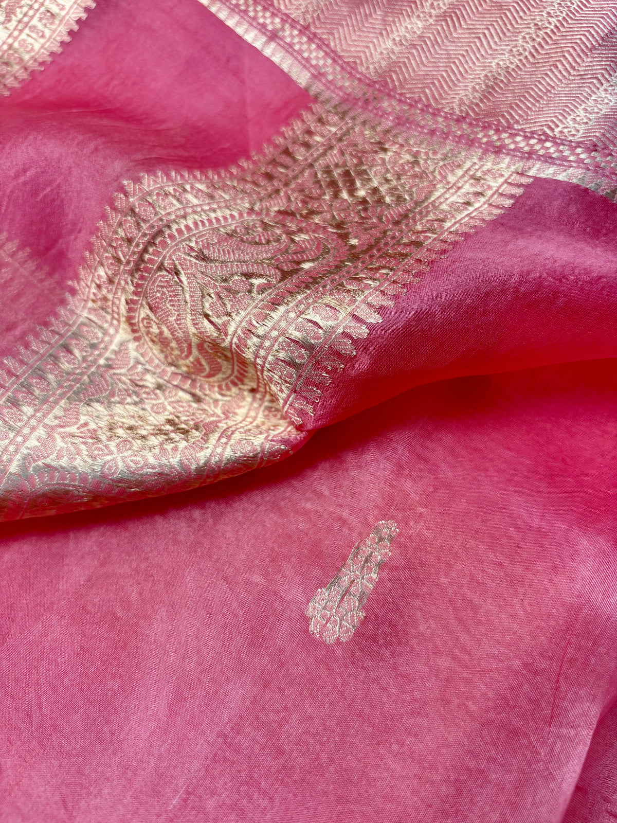 Pure Kora silk handloom saree with triple border and Rani Pink striped blouse piece