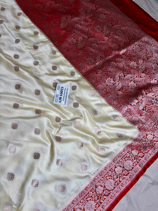 Elegant Banarasi Saree in Off White with Rich Red Zari Woven Border