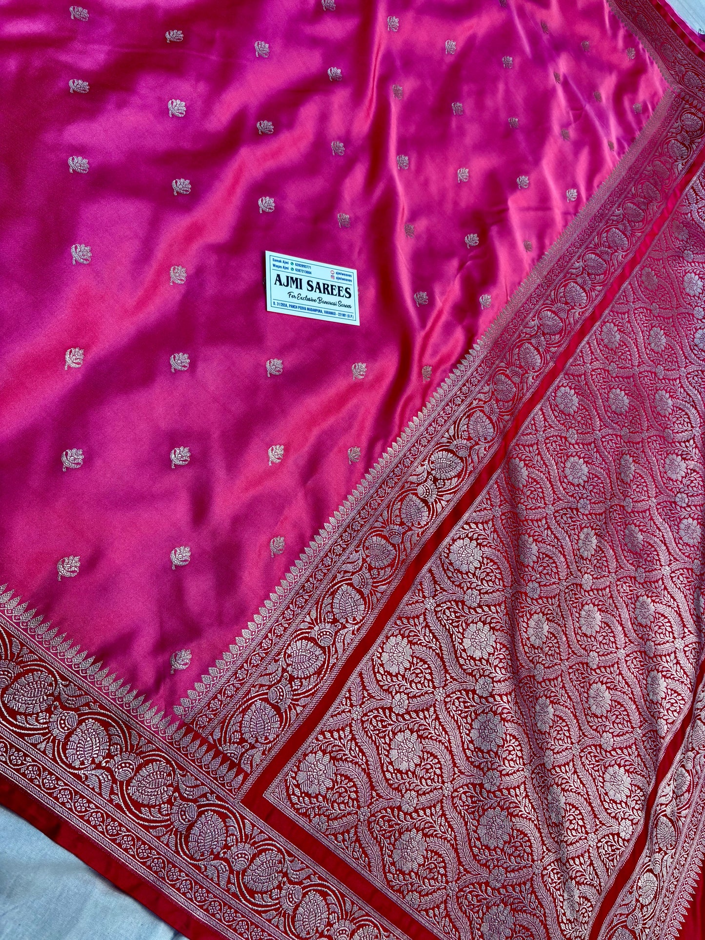Wedding Banarasi saree in strawberry pink with cherry red zari pallu