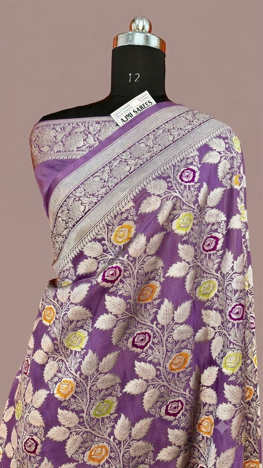 Premium Black Mashru Katan Silk Banarasi Meenakari Saree | Multicolour Floral Jaal
