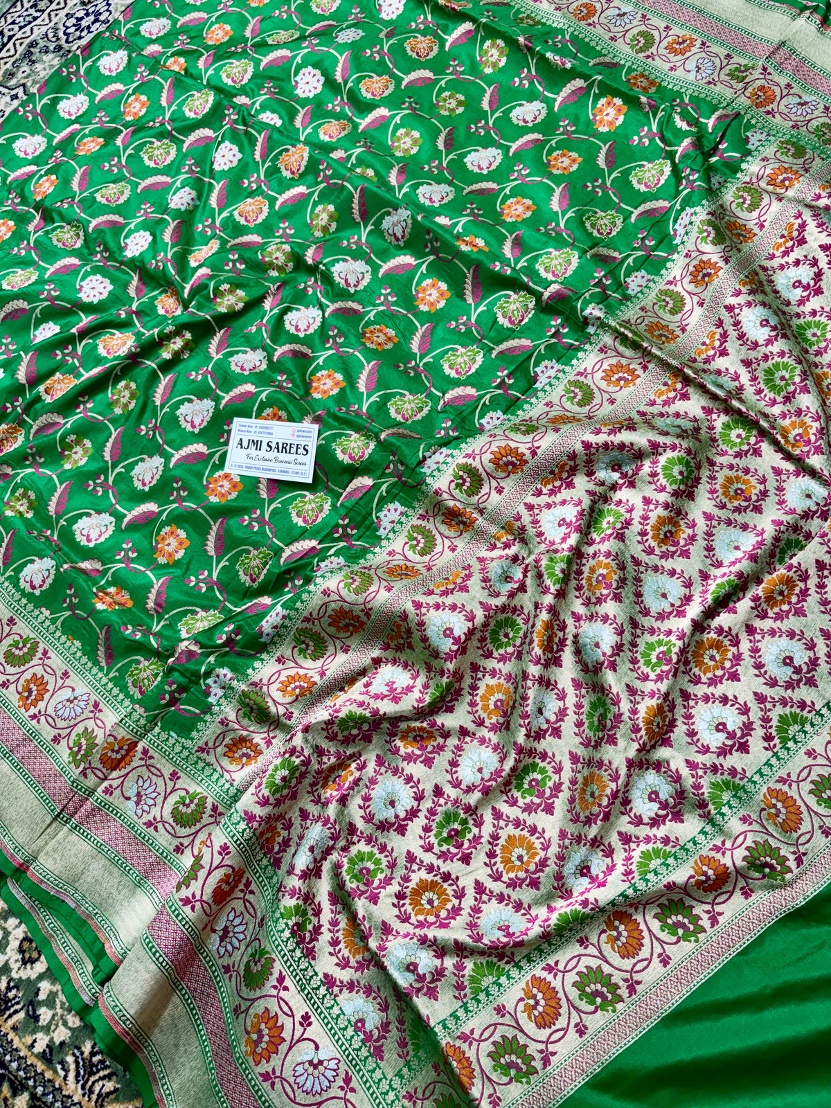 100% Pure Katan Silk Handloom Banarasi Saree – Emerald Green Tilfi Meenakari Floral Jaal Banarasi Saree