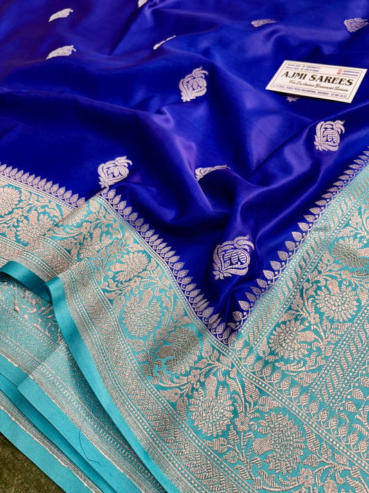 Premium Royal Blue Mashru Katan Silk Banarasi Saree with Sea Green Contrast Border Banarasi Saree