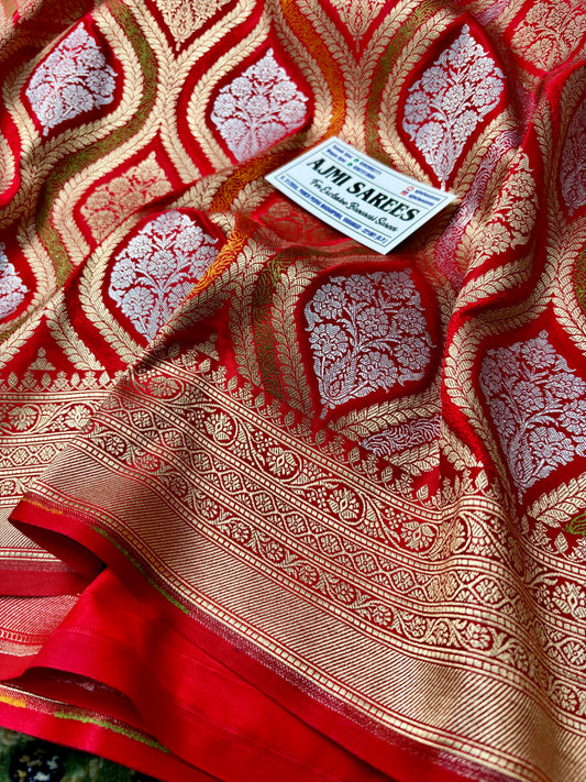 Premium Red Mashru Katan Silk Banarasi Saree with Intricate Meenakari-Inspired Jaal Banarasi Saree