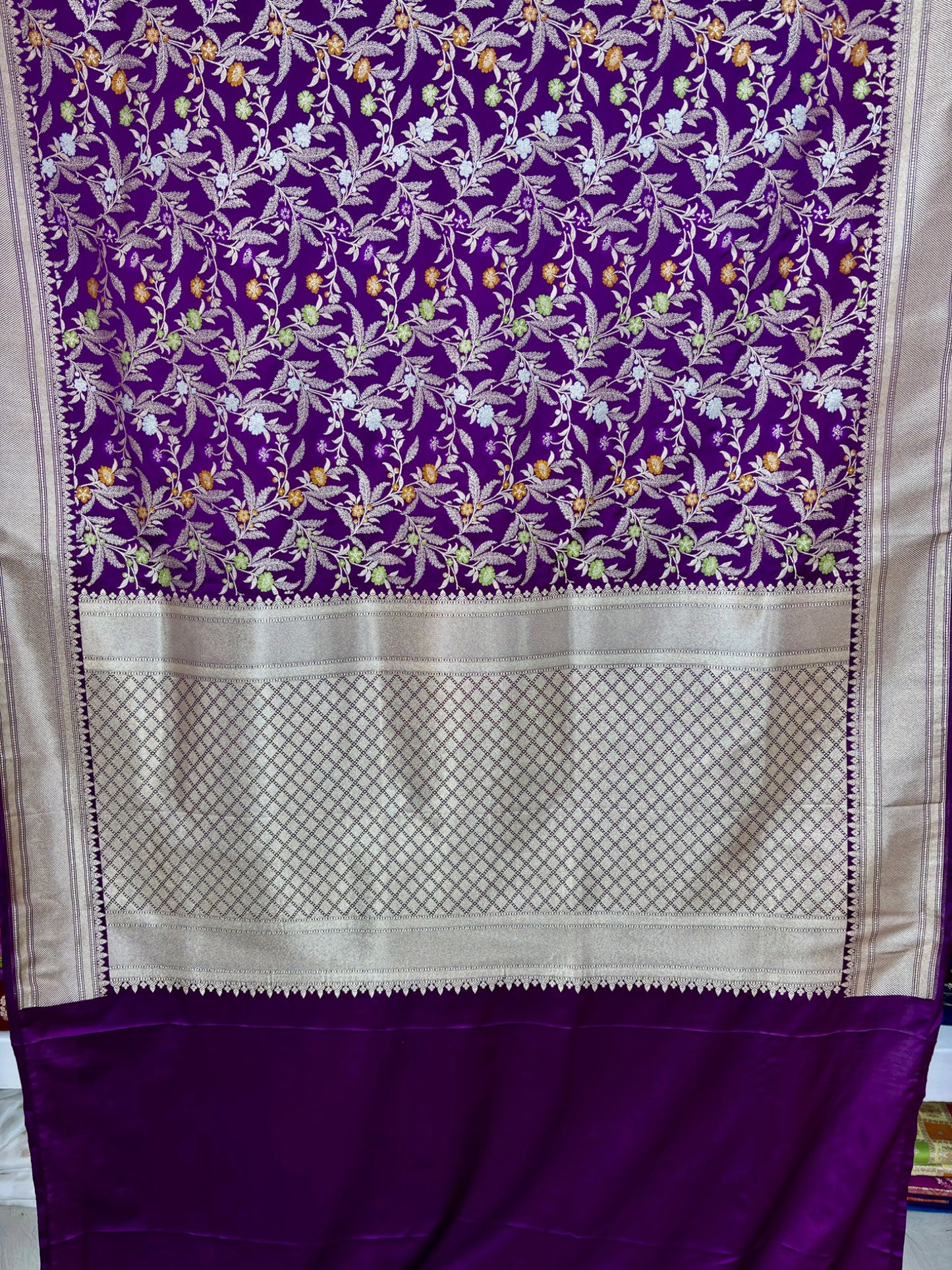 Mashru Katan Silk Banarasi Meenakari Saree with Multicolor Floral Jangla & Rich Zari Border Banarasi Saree