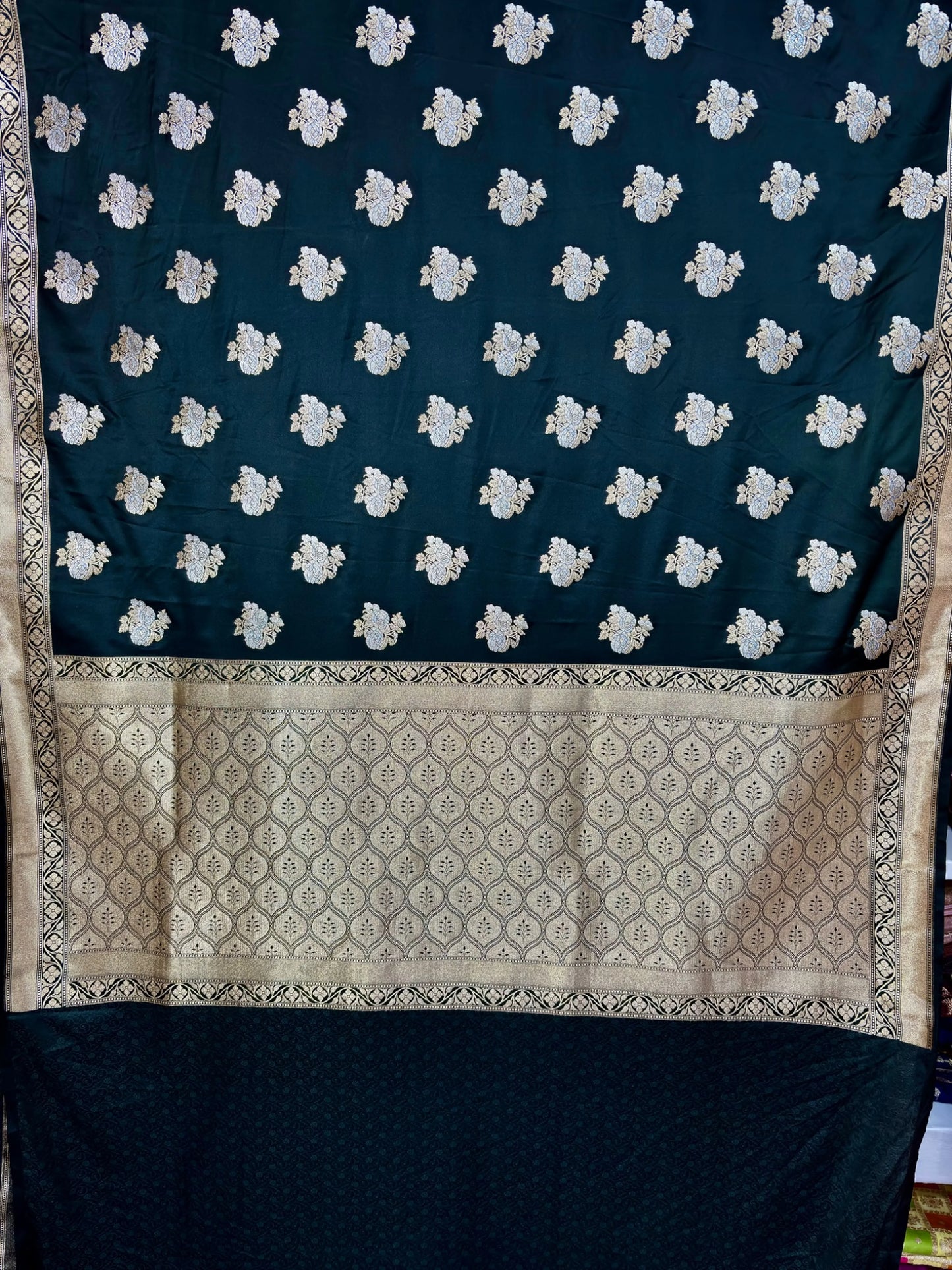 Elegant Black Mashru Katan Silk Banarasi Saree Featuring All-Over Sona Rupa Boota Banarasi Saree