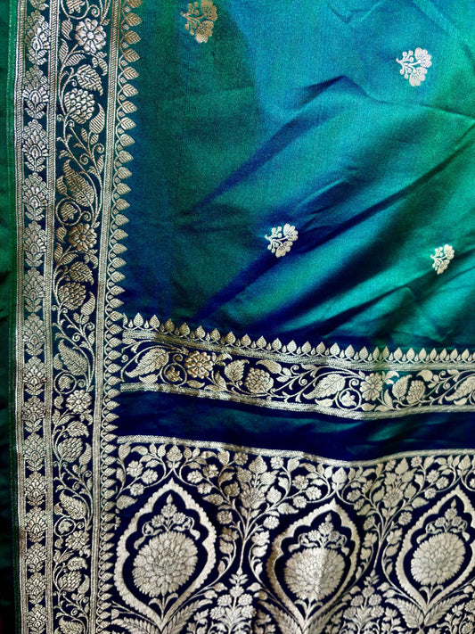 Dual Shade Mashru Katan Silk Banarasi Saree with Gold Zari Motifs Mashru Katan Silk Banarasi Saree