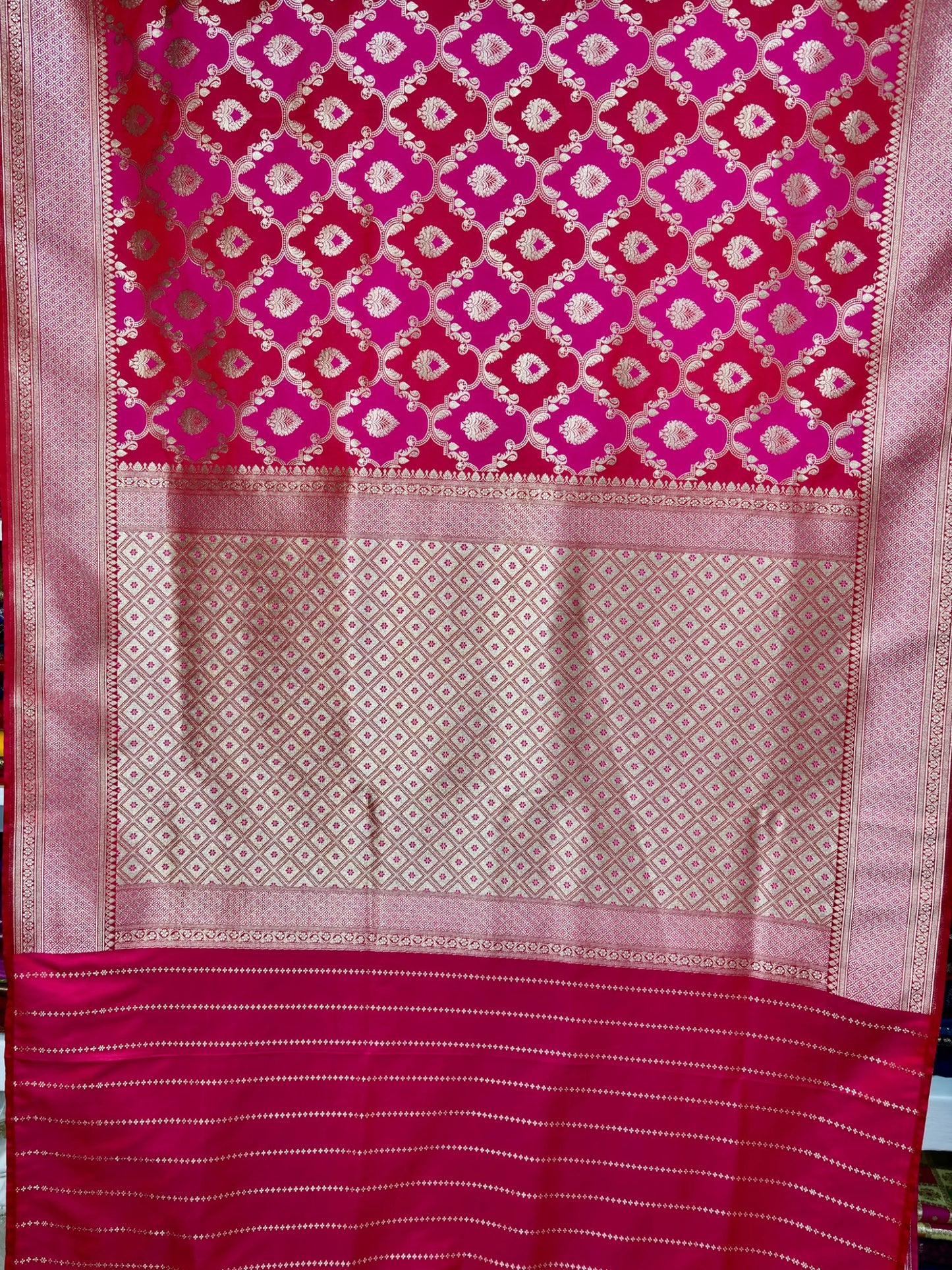 Rangkat Mashru Katan Silk Banarasi Saree with Gold Zari Jaal & Traditional Border Banarasi Saree
