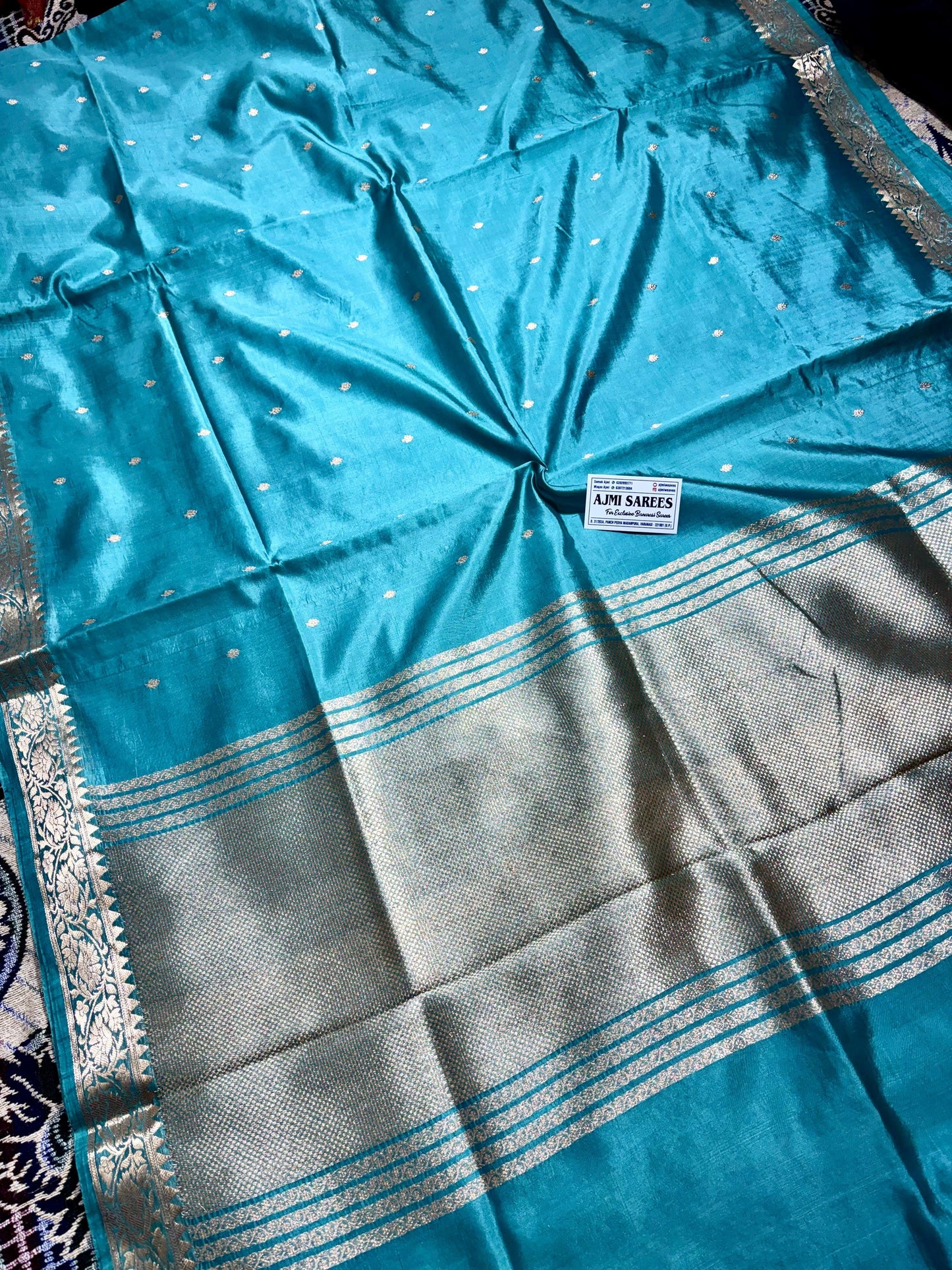 Sea Green 100% Pure Mango Silk Handloom Banarasi Saree with All-Over Kadwa Motifs Pure Mango Silk Banarasi Sarees