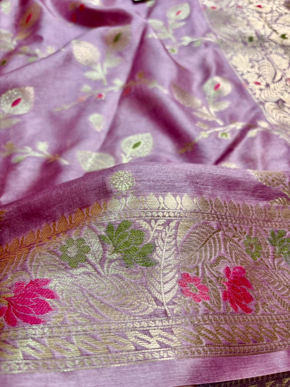 Pure tussar silk Banarasi saree dusty rose pink with traditional border