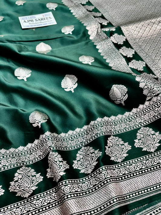 mashru katan silk banarasi saree green color festive wear
