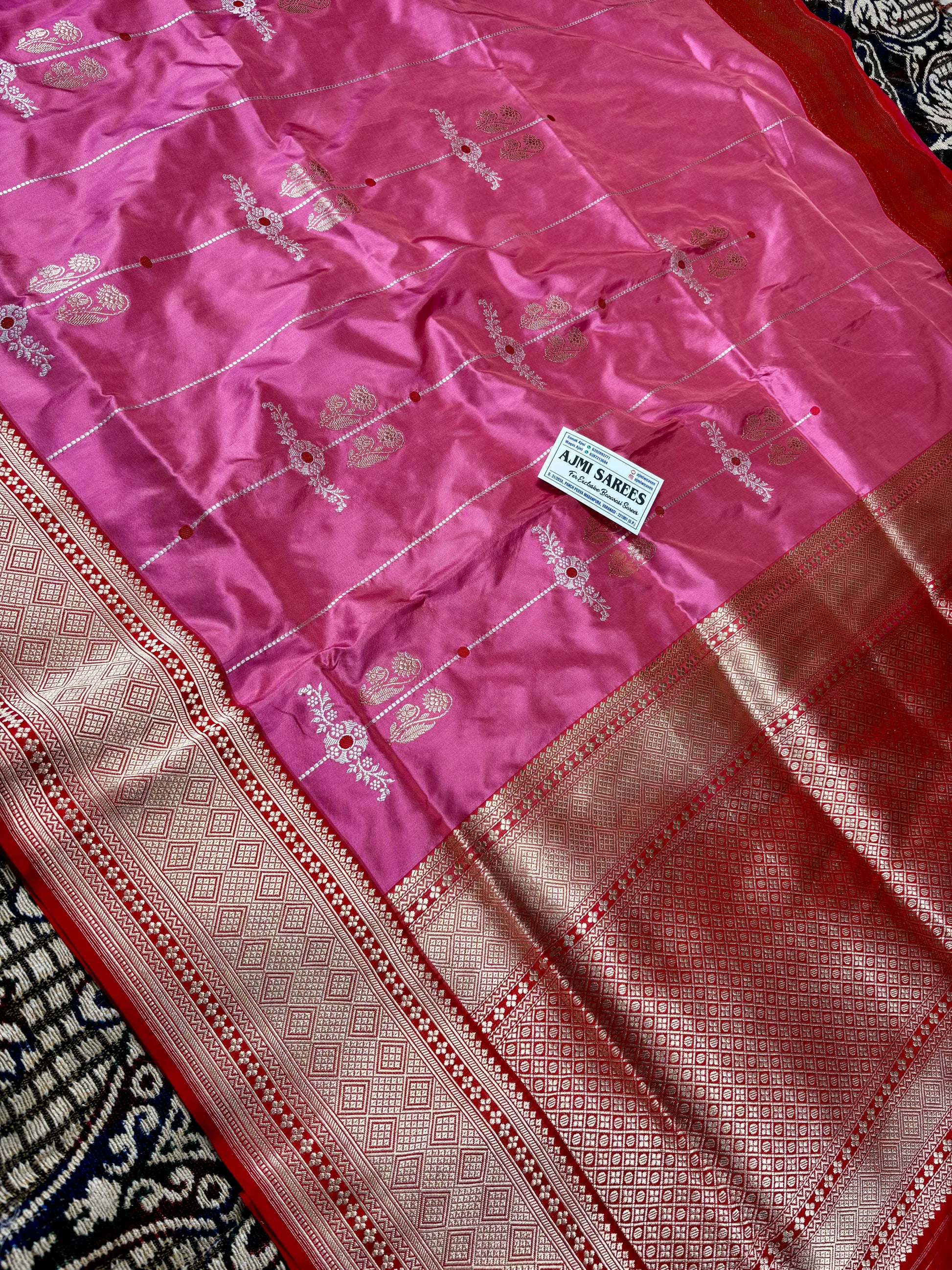 Authentic Banarasi katan silk saree with contrast red zari border