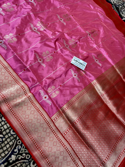 Authentic Banarasi katan silk saree with contrast red zari border
