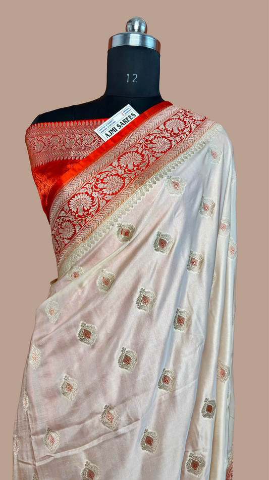 Luxury Premium Ivory Mashru Katan Silk Banarasi Saree with Contrast Orange Border & Meenakari Motifs Banarasi Saree