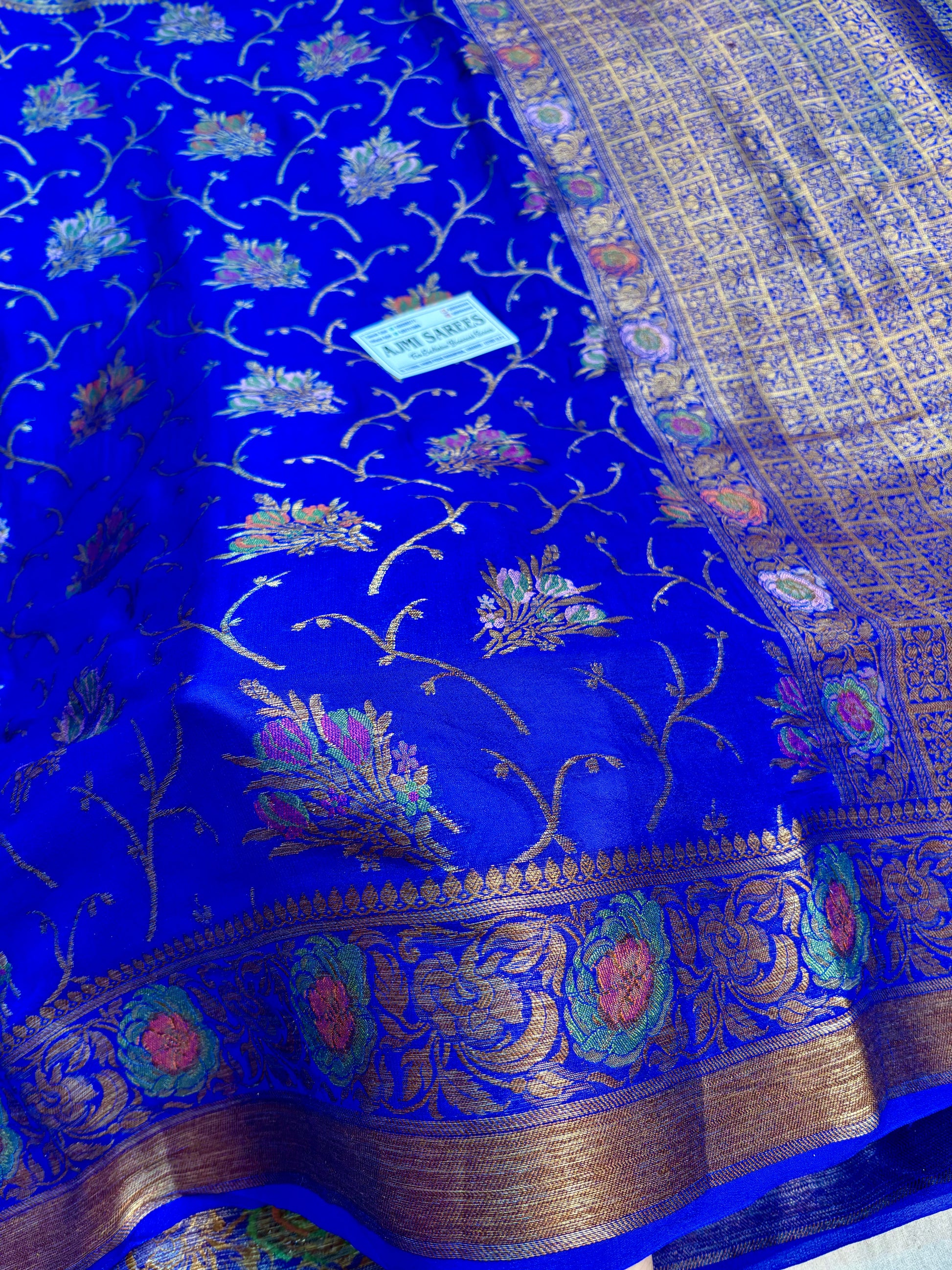 Pure Khaddi Chiffon royal blue saree with Banarasi Tilfi weaving