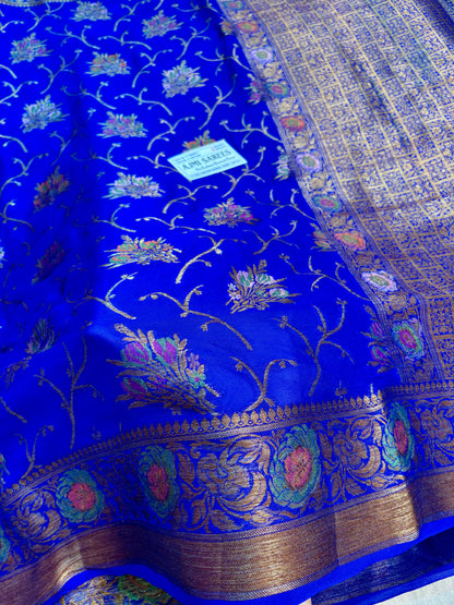 Pure Khaddi Chiffon royal blue saree with Banarasi Tilfi weaving