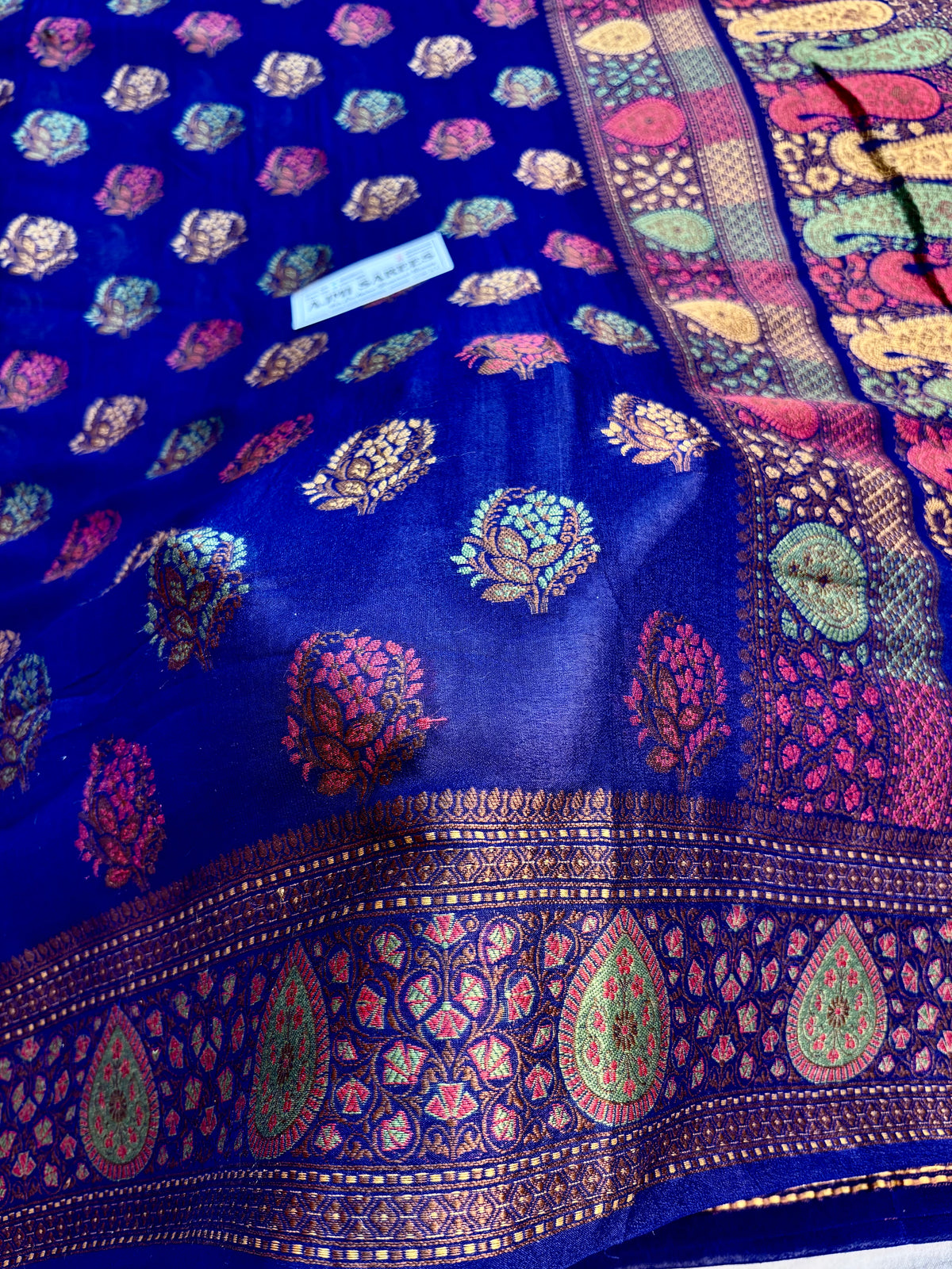 Navy blue Banarasi Tilfi saree with intricate resham woven border