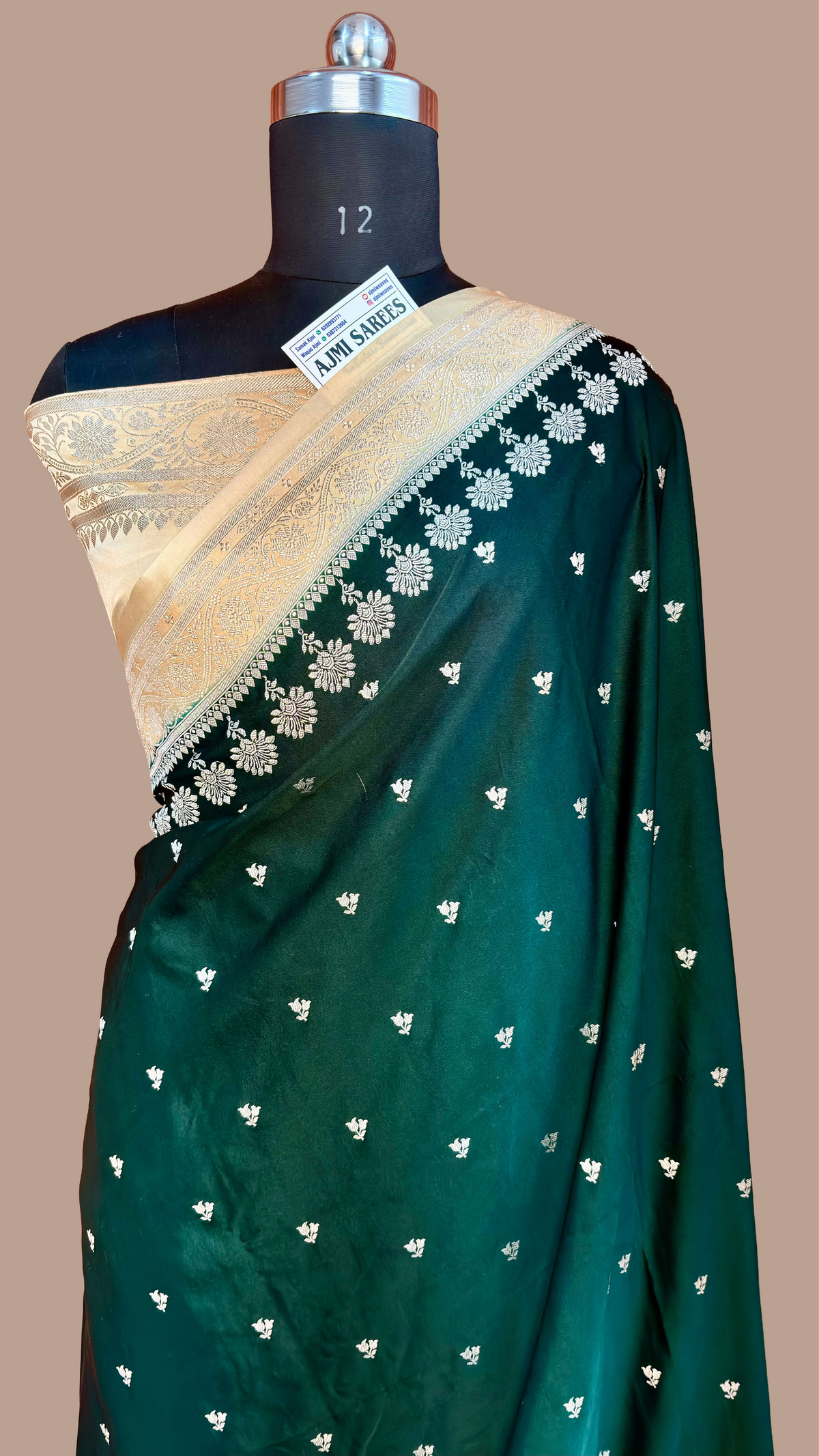 Bottle green Mashru Katan Silk Banarasi saree with beige border