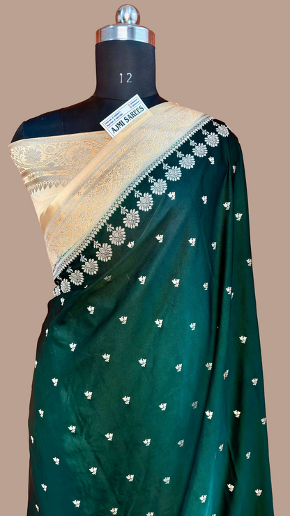 Bottle green Mashru Katan Silk Banarasi saree with beige border
