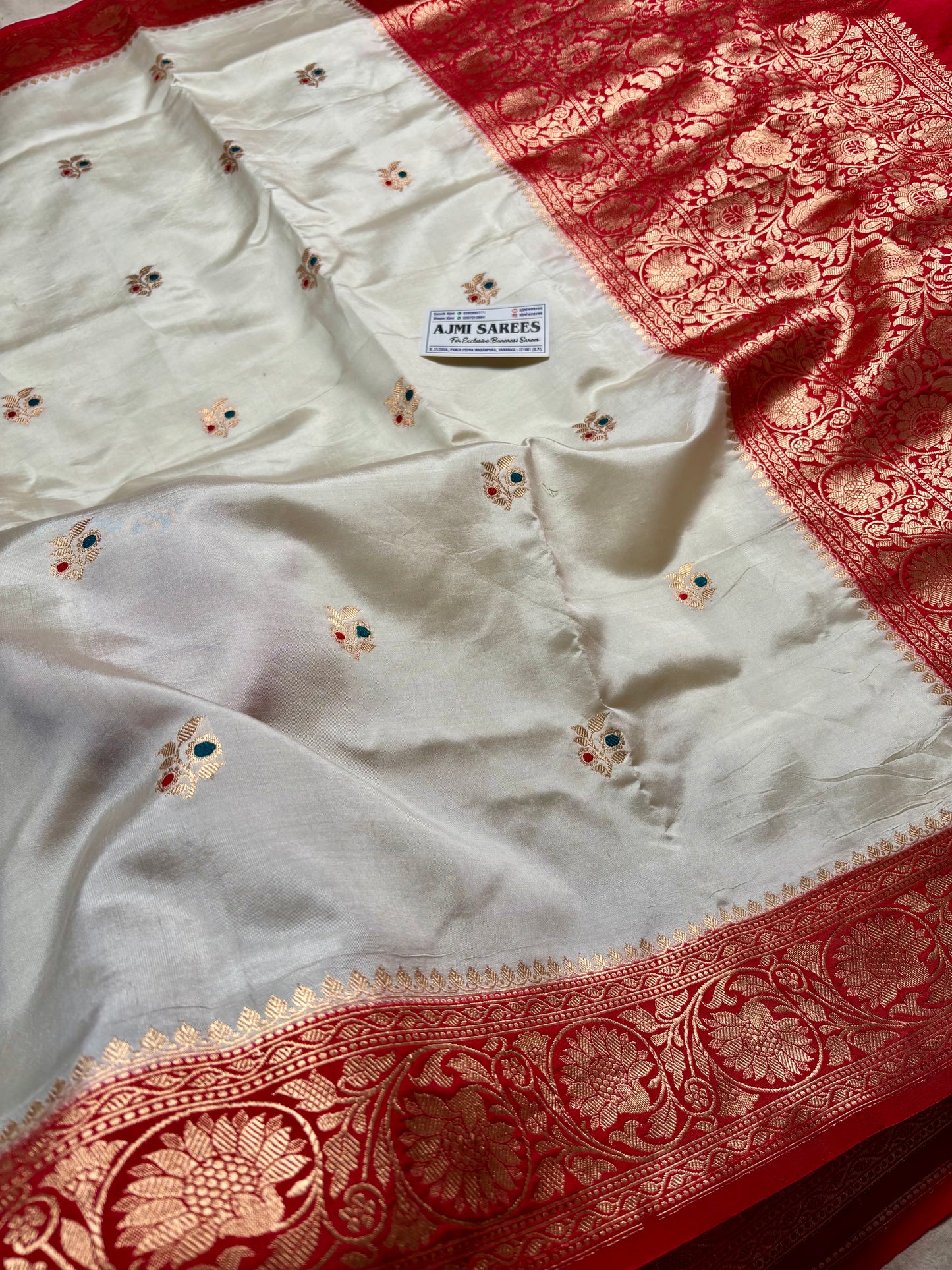 off white silk saree with red zari border