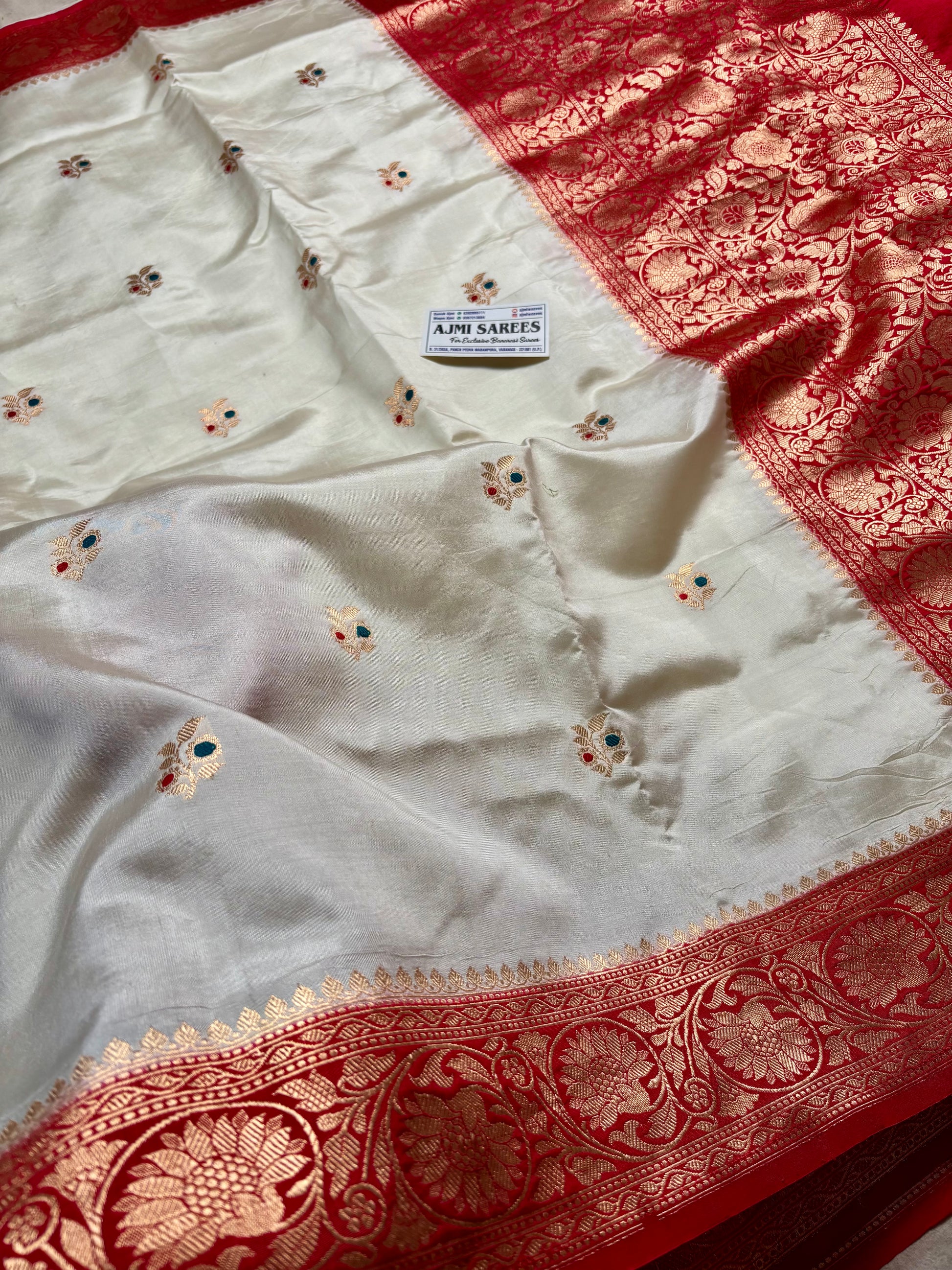 off white silk saree with red zari border