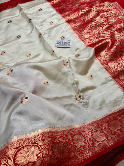off white silk saree with red zari border