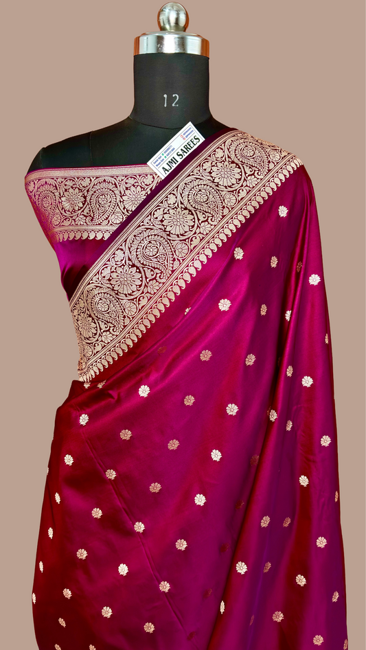 Premium Dual-Tone Burgundy Mashru Katan Silk Banarasi Saree – All-Over Motifs Burgundy Banarasi Saree