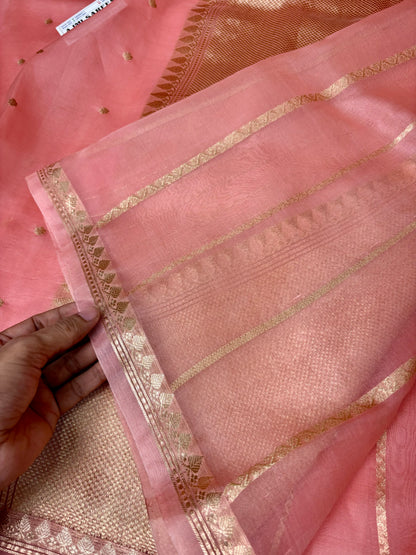 Pure Kora Silk Handloom Banarasi Saree in Peach with 6-Petal Kadwa Zari Motifs Pure Kora Organza Silk