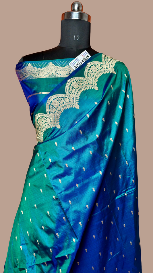 pure katan silk peacock blue dual tone kadwa banarasi saree handloom varanasi
