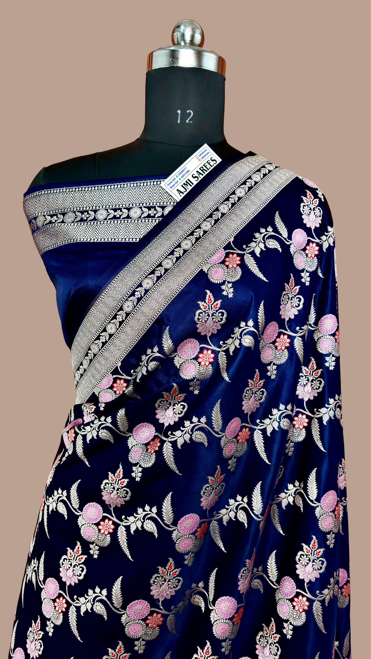 Premium Navy Blue Mashru Katan Silk Banarasi Saree | All-Over Meenakari Jaal Banarasi Saree