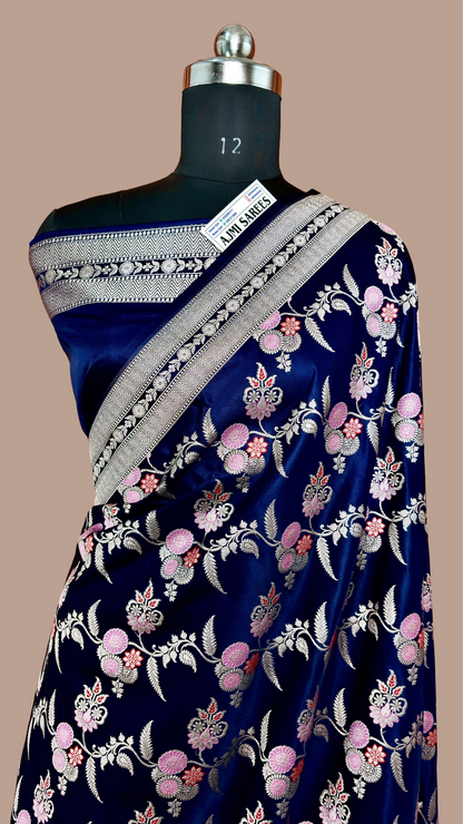 Premium Navy Blue Mashru Katan Silk Banarasi Saree | All-Over Meenakari Jaal Banarasi Saree