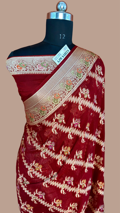 Maroon pure Khaddi Chiffon Tilfi Banarasi saree with water zari