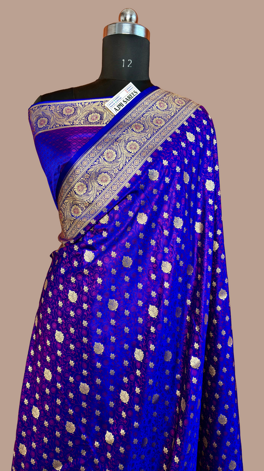 Royal Blue Premium Mashru Katan Silk Banarasi Saree – Golden Zari Floral Buti Royal Blue Banarasi Saree