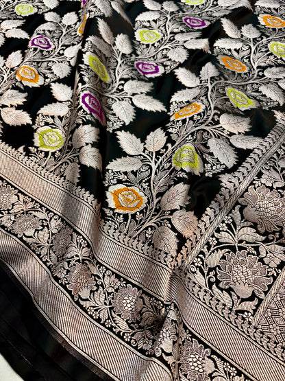 Premium black Mashru Katan silk Banarasi saree with silver zari and multicolour Meenakari floral jaal