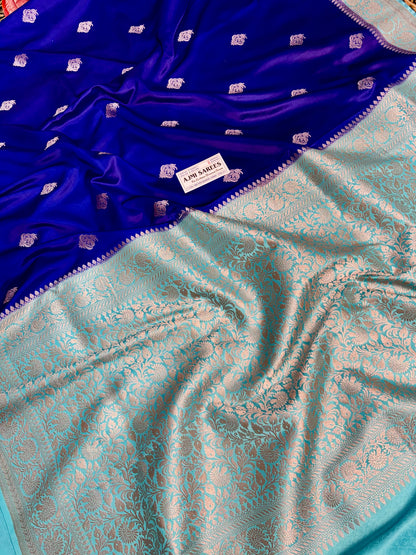 Premium Royal Blue Mashru Katan Silk Banarasi Saree with Sea Green Contrast Border Banarasi Saree