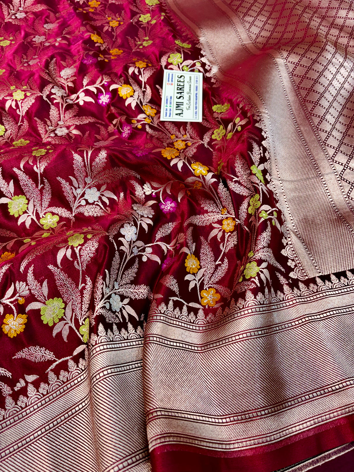 Premium Mashru Katan Silk Banarasi Saree in Burgundy with Multicolor Floral Jaal Banarasi Saree