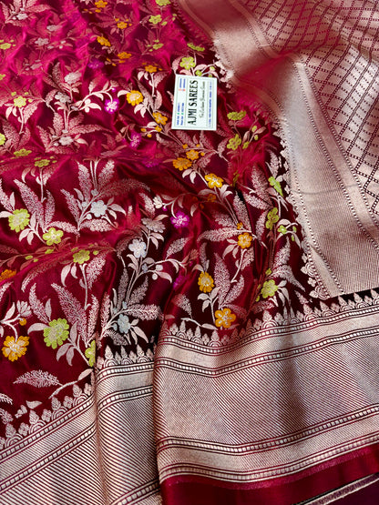 Premium Mashru Katan Silk Banarasi Saree in Burgundy with Multicolor Floral Jaal Banarasi Saree