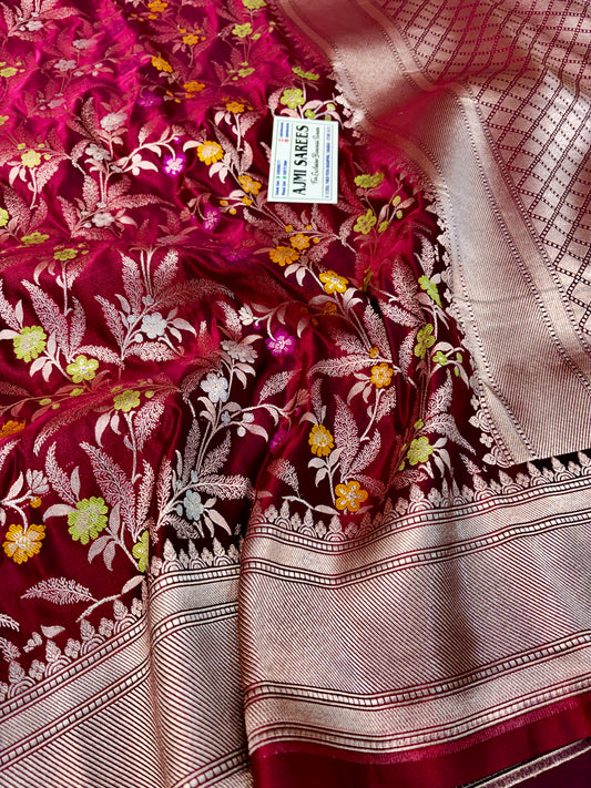Premium Mashru Katan Silk Banarasi Saree in Burgundy with Multicolor Floral Jaal Banarasi Saree