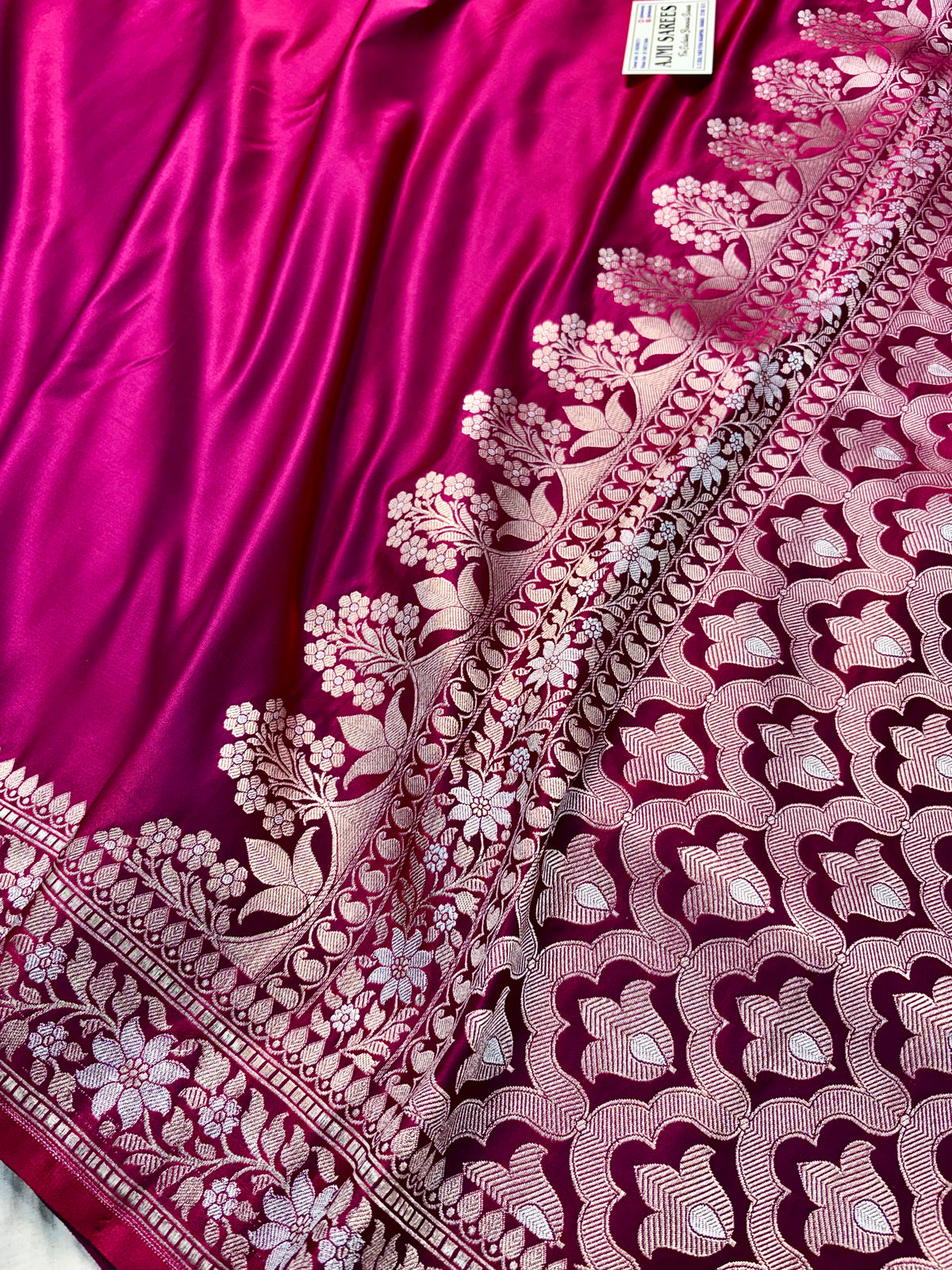 Traditional Meenakari zari Mashru Katan Banarasi saree in magenta red