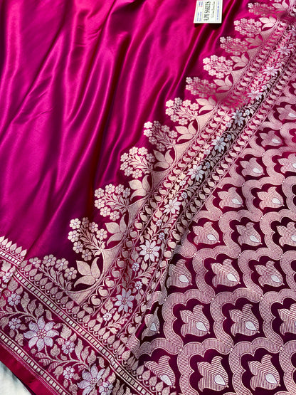 Traditional Meenakari zari Mashru Katan Banarasi saree in magenta red