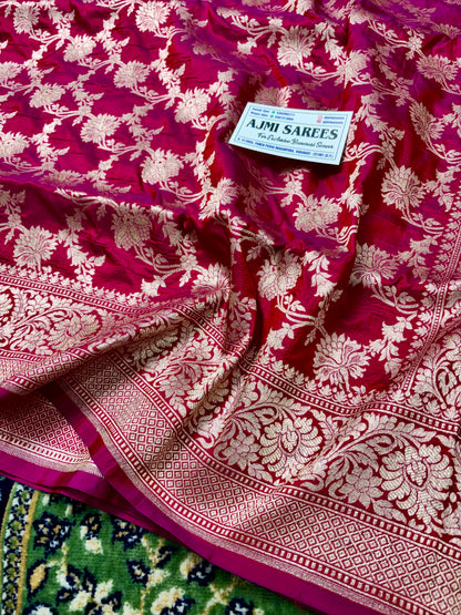 100% Pure Katan Silk Banarasi Saree – Red x Pink Dual Tone | Gold Zari Floral Jaal Banarasi Saree